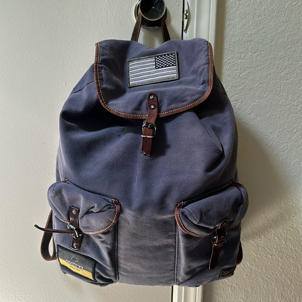 Polo Ralph Lauren RL Co Blue Canvas Brown Leather Backpack with Patches AS IS